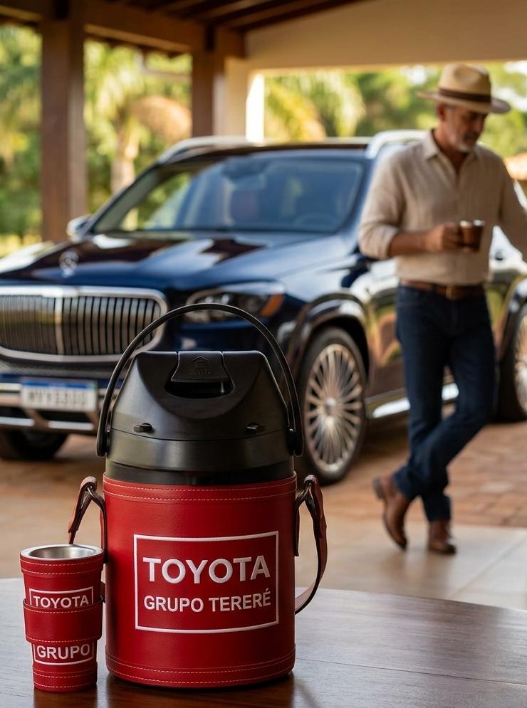Garrafa térmica e copos personalizados com identidade Toyota Grupo Tererê