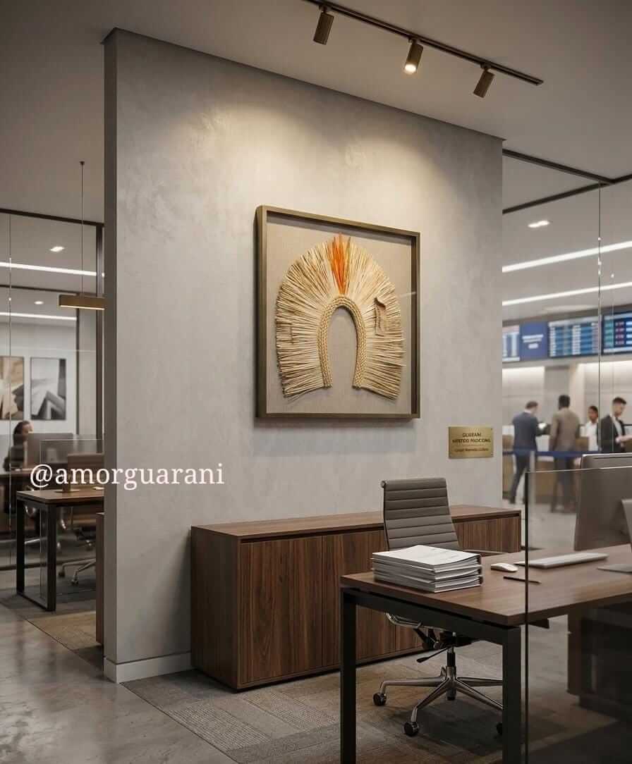 Cocar do Cacique emoldurado em quadro, exposto em ambiente corporativo